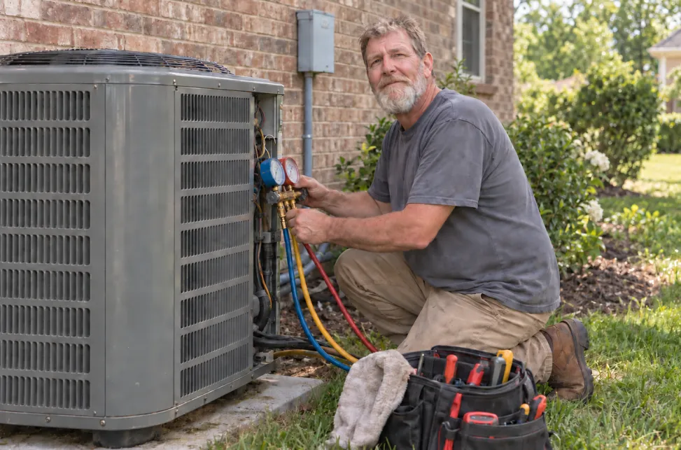 Greg Stevenson servicing a residential air-conditioning system