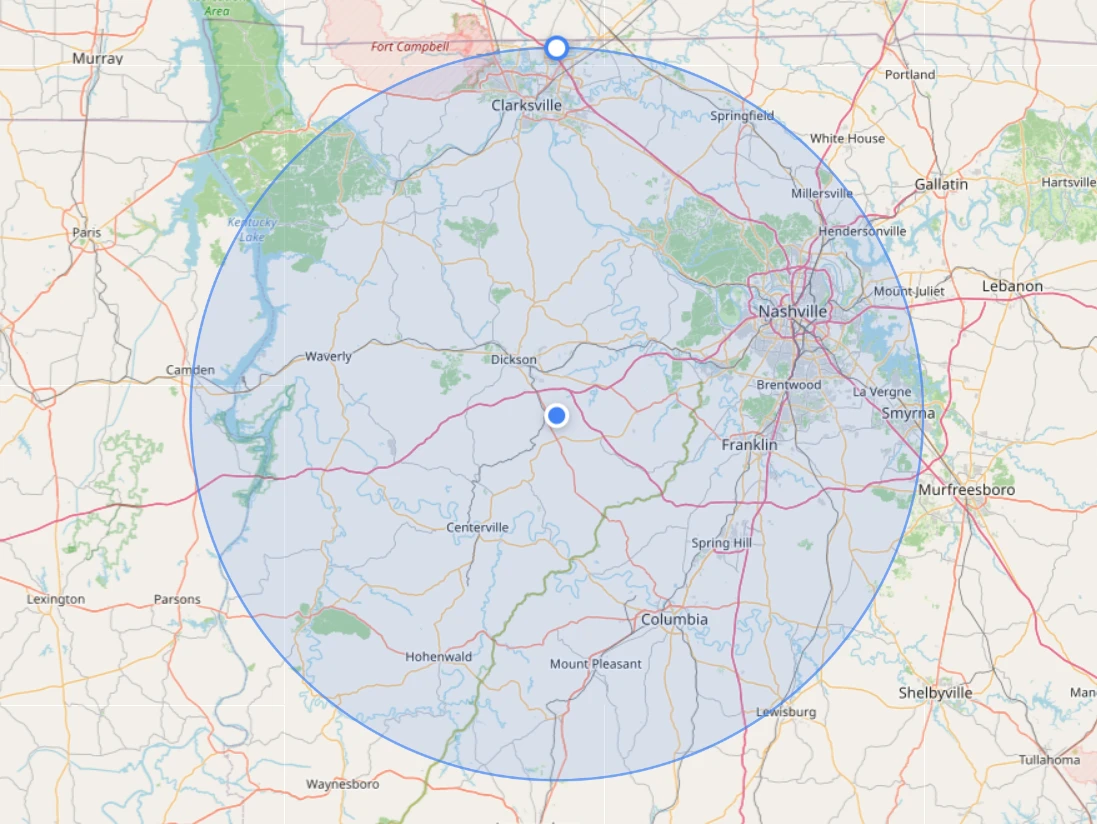Approximate 45-mile service area around Bon Aqua and Dickson, Tennessee